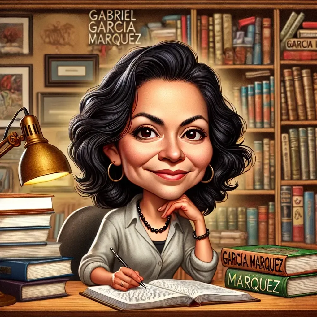 Una caricatura de una mujer sentada en un escritorio frente a una estantería.