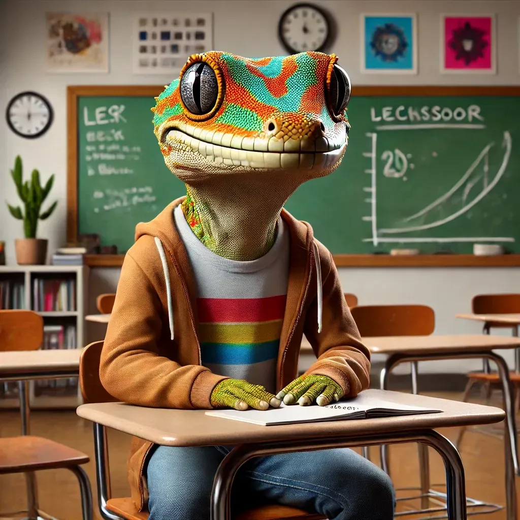 Un lagarto está sentado en un escritorio en un aula.
