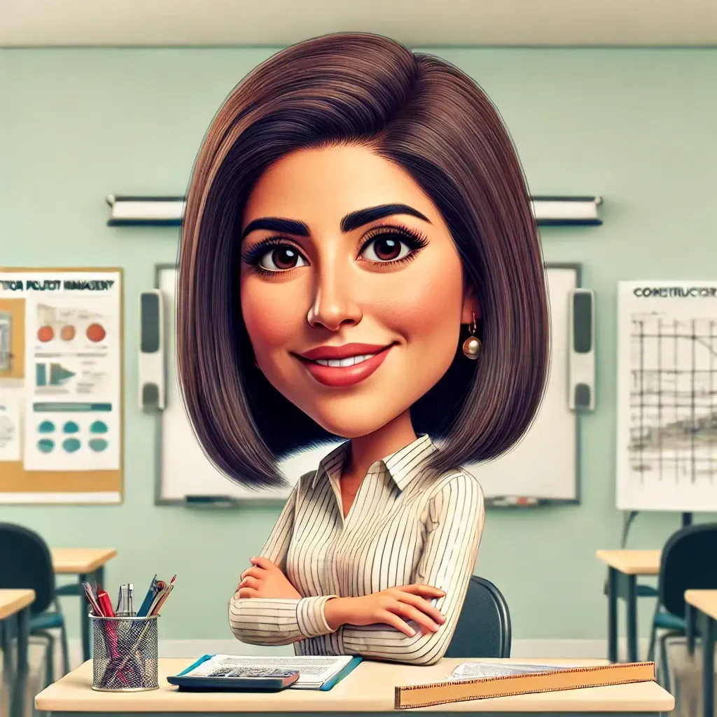 Una caricatura de una mujer sentada en un escritorio en un aula.