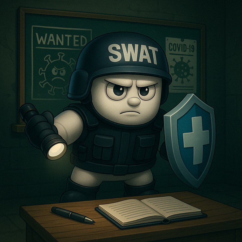 Un personaje de dibujos animados con uniforme SWAT sostiene una linterna y un escudo.