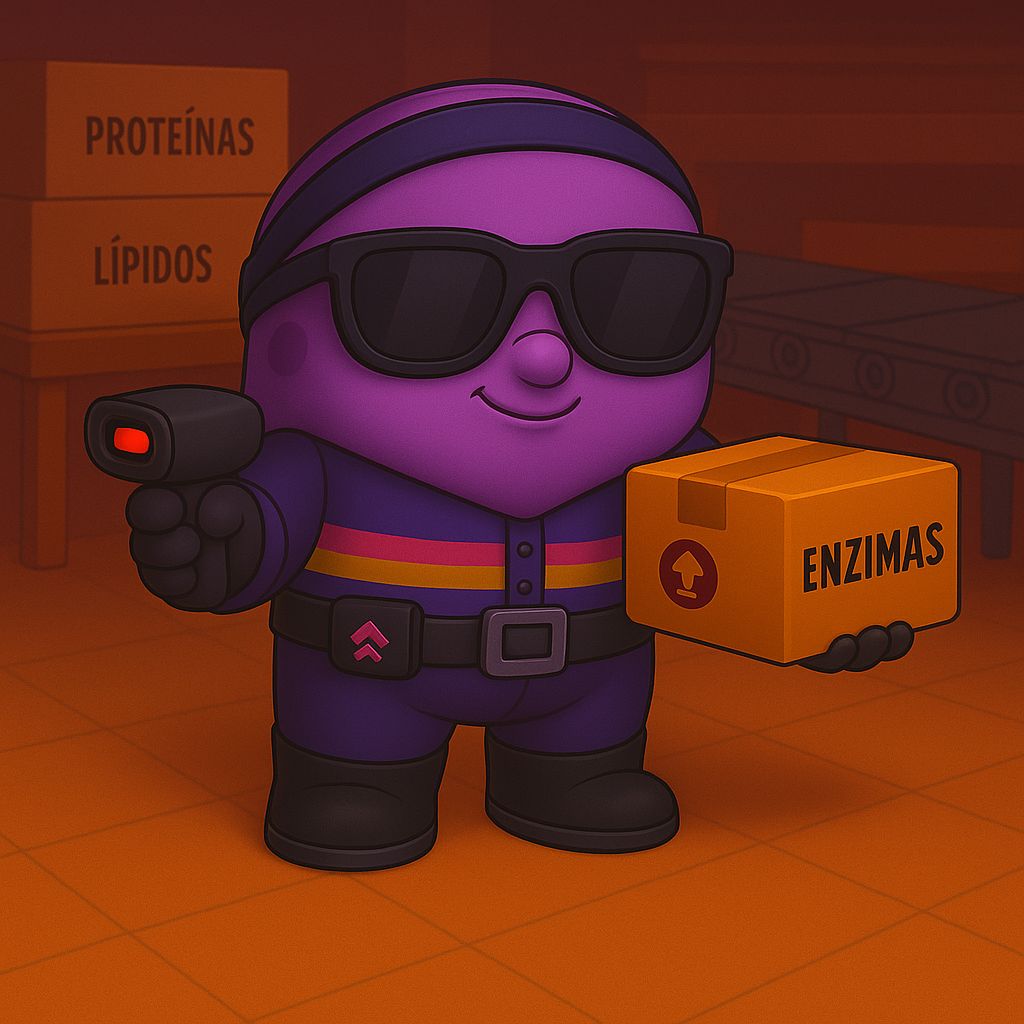 Un personaje de dibujos animados de color morado sostiene un escáner y una caja.