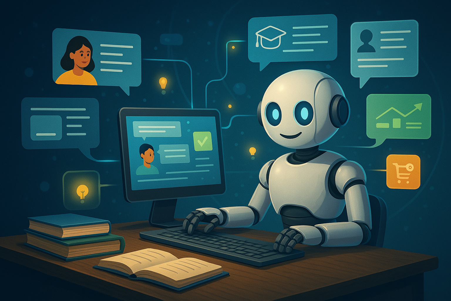 A robot is sitting at a desk using a computer.