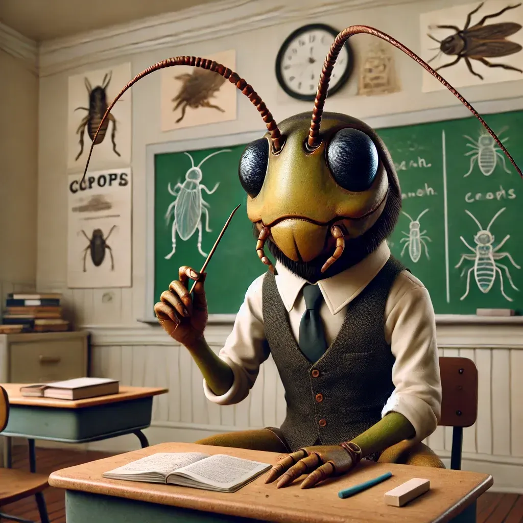 Una cucaracha está sentada en un escritorio en un aula.