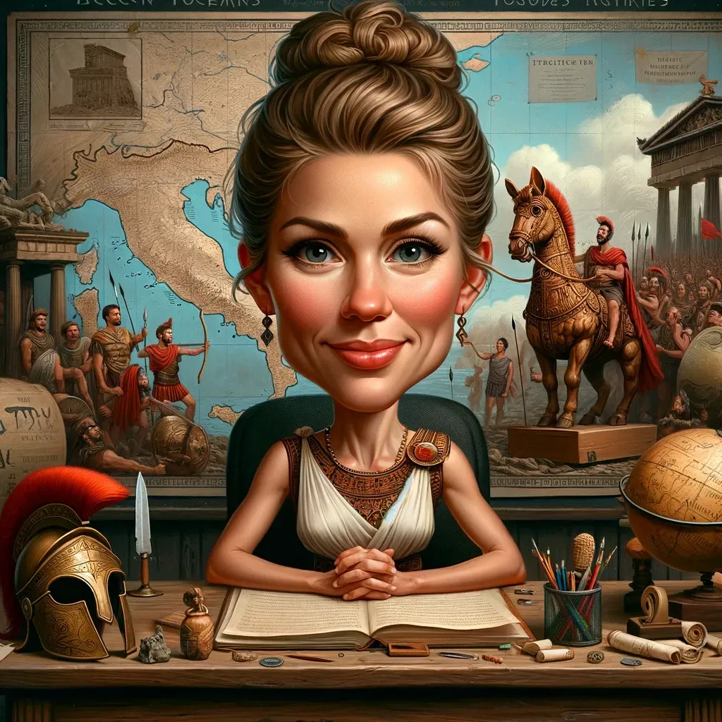 Una caricatura de una mujer sentada en un escritorio con un libro.
