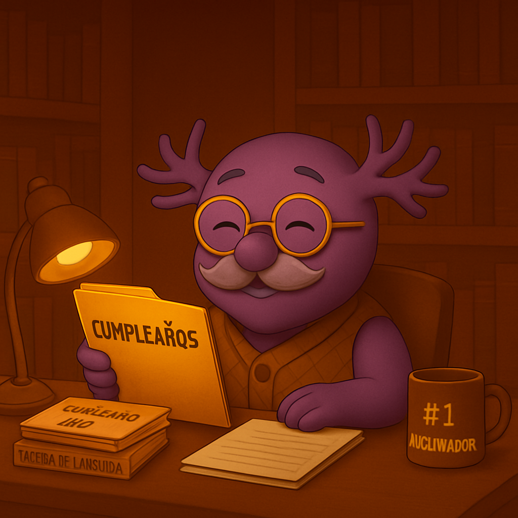 Un monstruo morado está leyendo un libro llamado Cumpleaños.