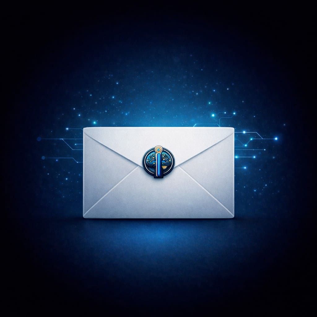 Un sobre blanco con un sello circular con un emblema, centrado sobre un fondo azul oscuro con nodos de luz digital brillantes.