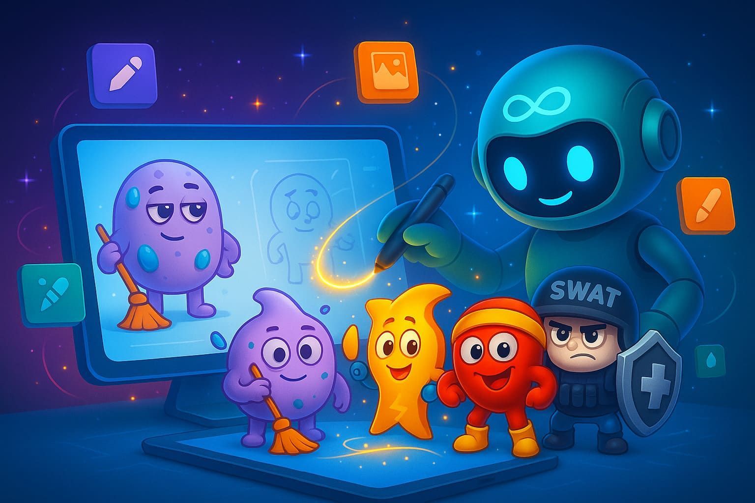Un robot artista digital dibuja personajes de dibujos animados en una pantalla, de pie junto a una mancha morada, una estrella, una esfera roja y un guardia del equipo SWAT.