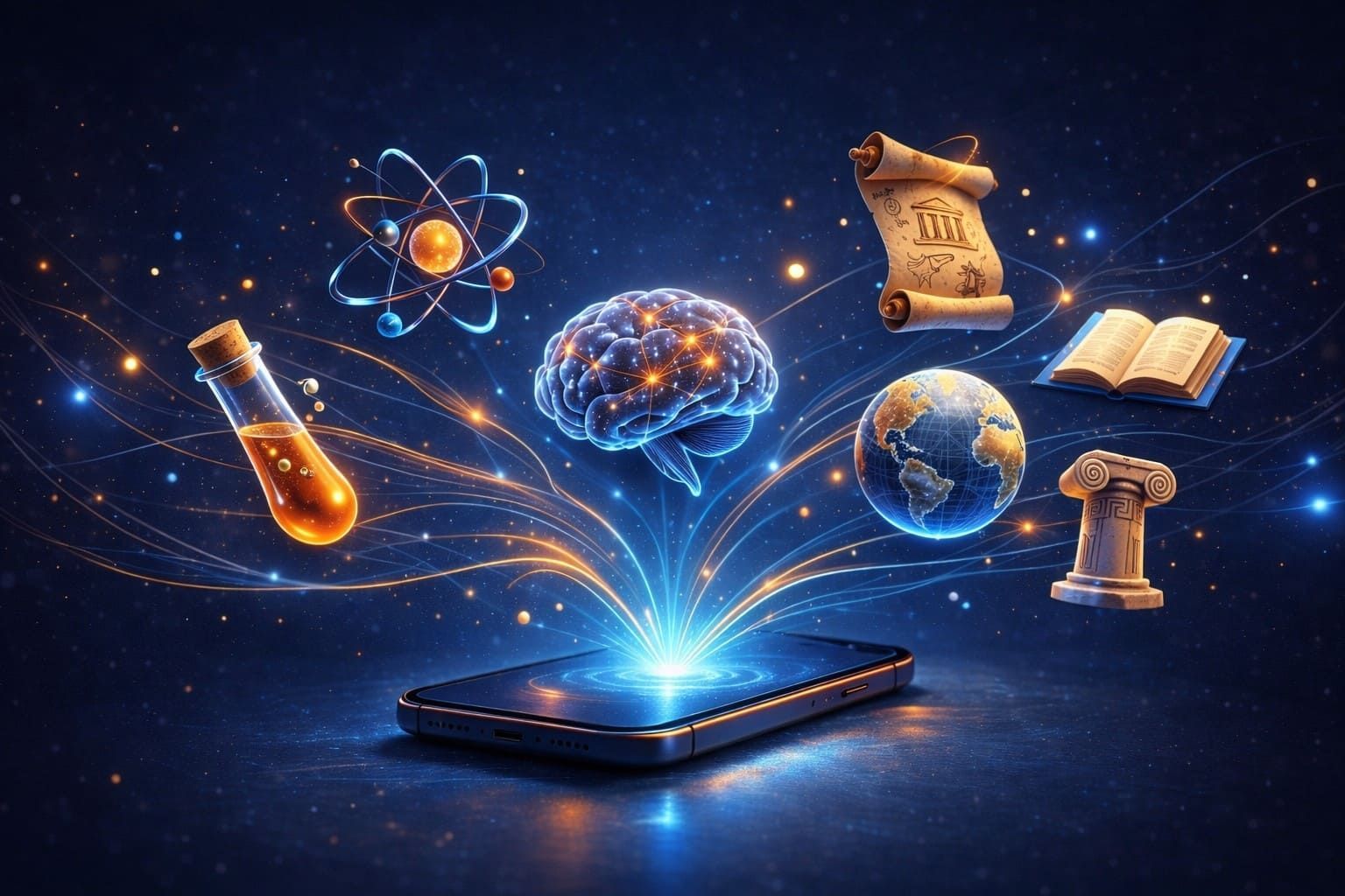 A glowing brain floats above a smartphone, surrounded by floating icons of science, history, geography, and architecture.