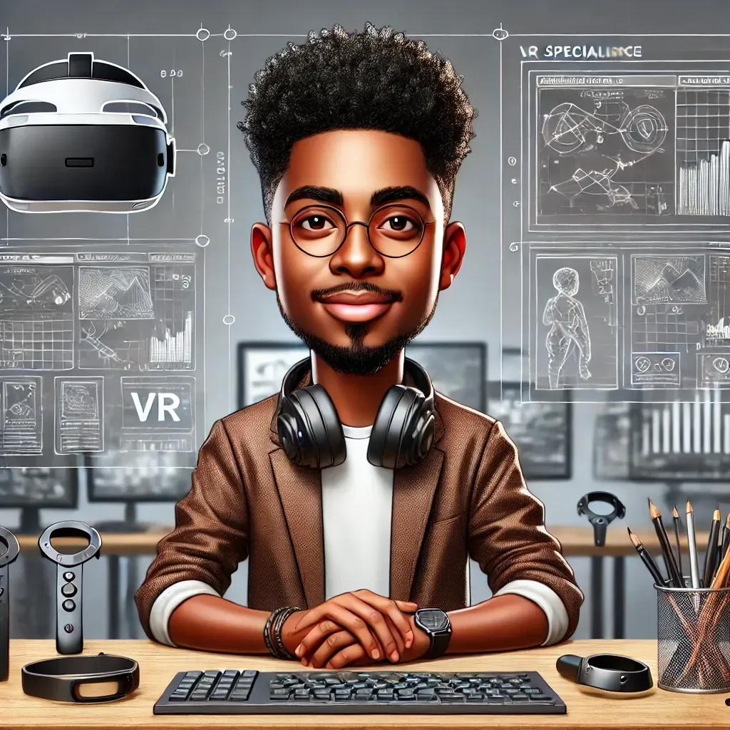 Una caricatura de un hombre que usa auriculares y un casco de realidad virtual.