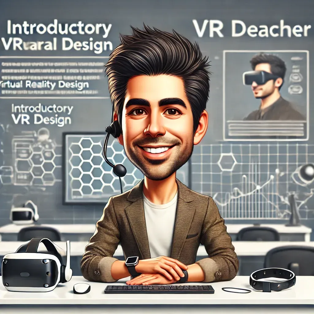 Una caricatura de un hombre que lleva un casco de realidad virtual en un aula.