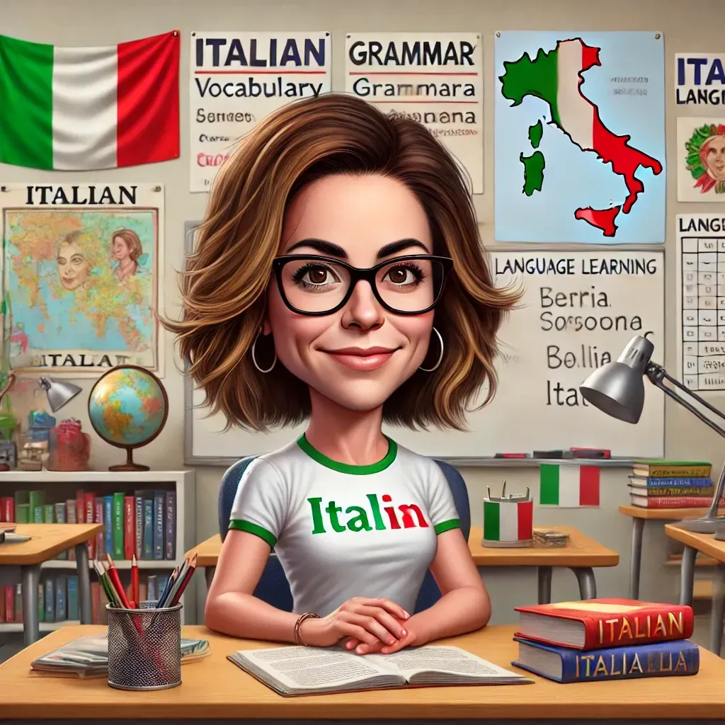 Una caricatura de una mujer sentada en un escritorio en un aula.