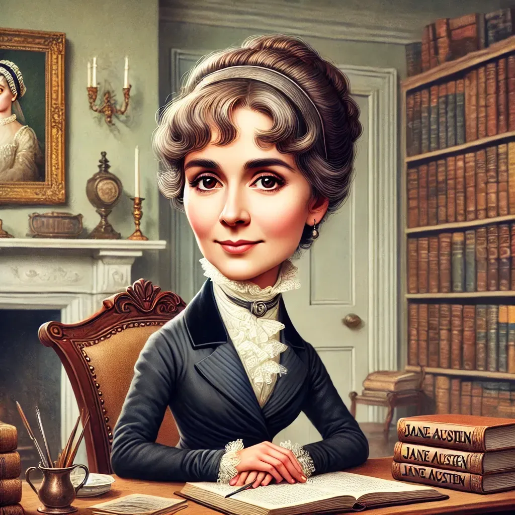Una caricatura de Jane Austen sentada en un escritorio en una biblioteca.