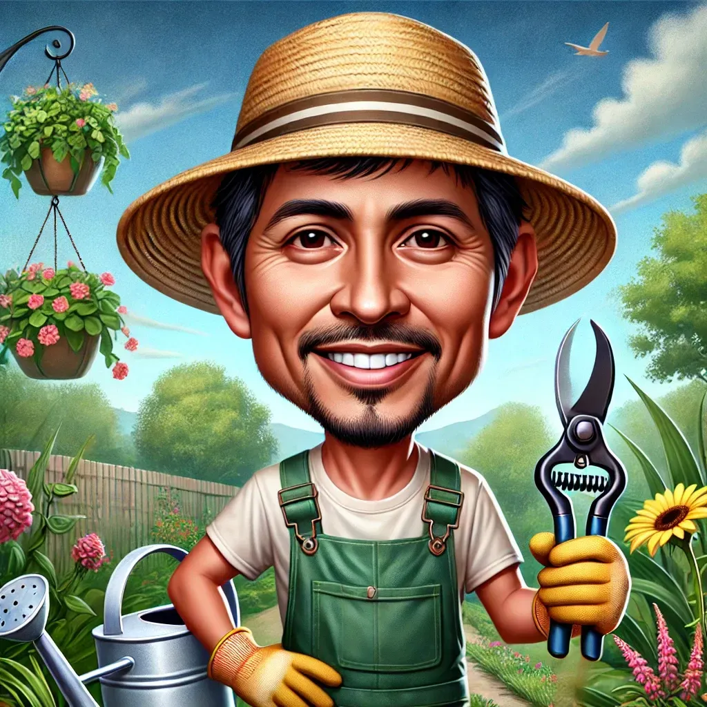 Una caricatura de un hombre con un sombrero de paja sosteniendo un par de tijeras