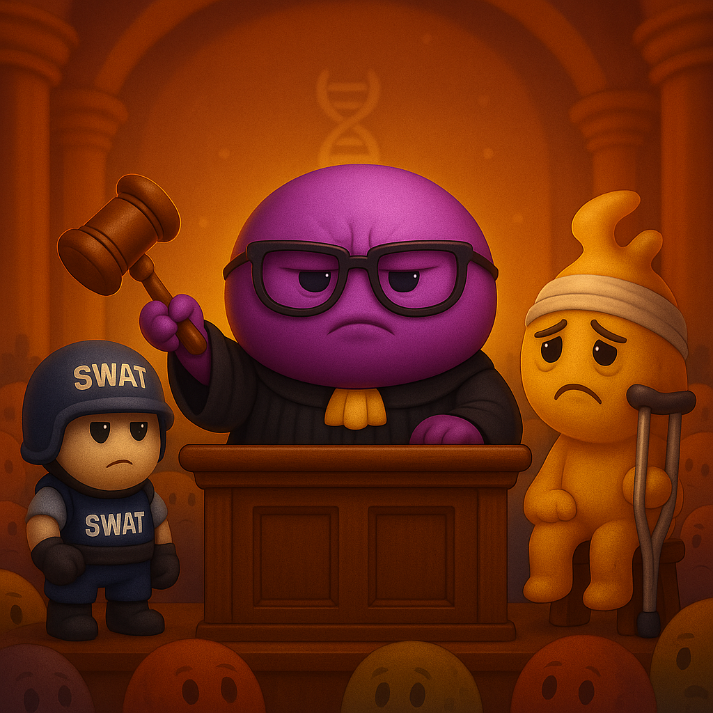 Una ilustración de pixel art de un monstruo morado sentado en un escritorio usando una computadora portátil.
