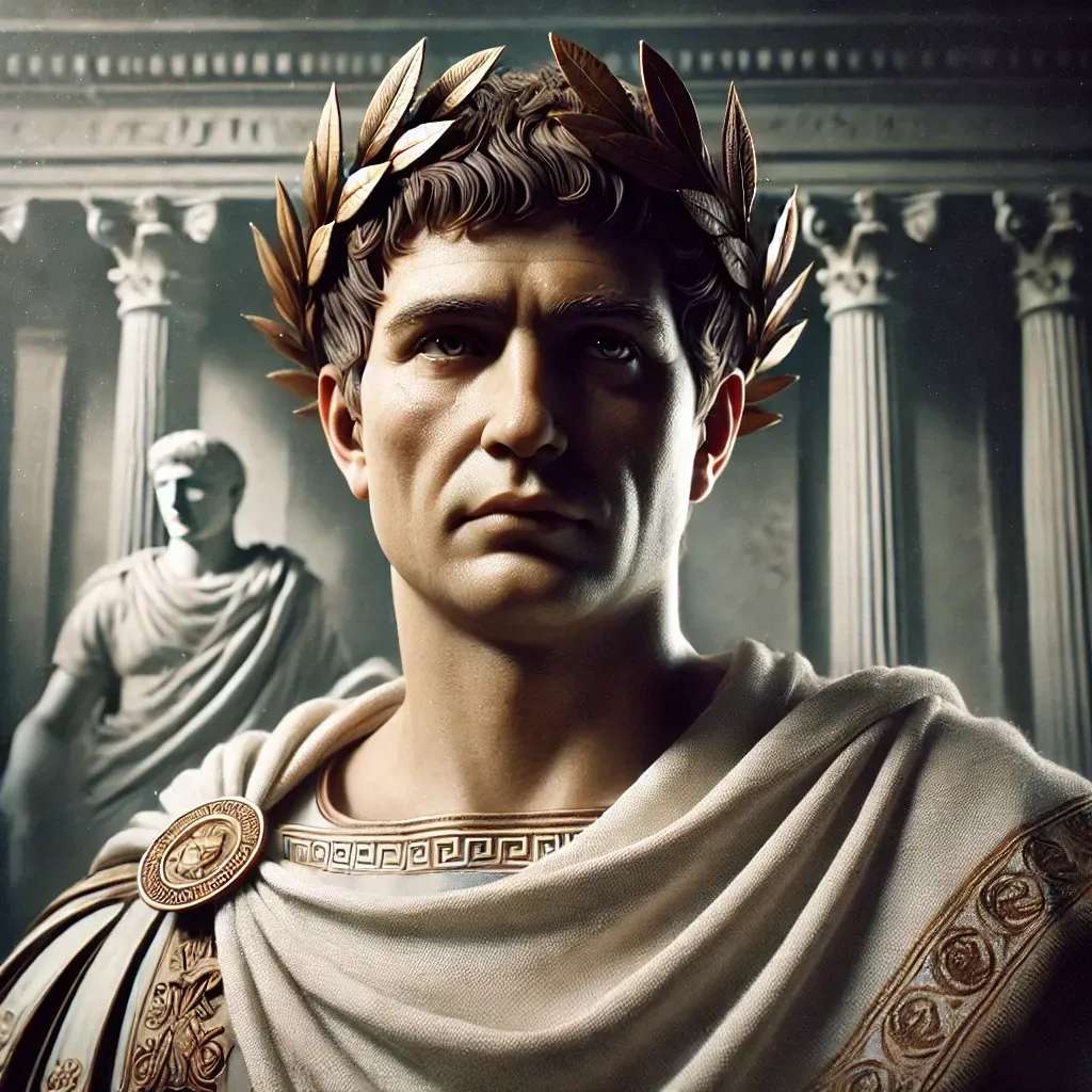 Una estatua de un emperador romano que lleva una corona de laurel.