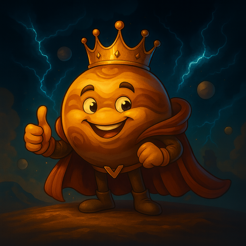 Un personaje de dibujos animados lleva una corona y una capa y hace un gesto de aprobación con el pulgar hacia arriba.