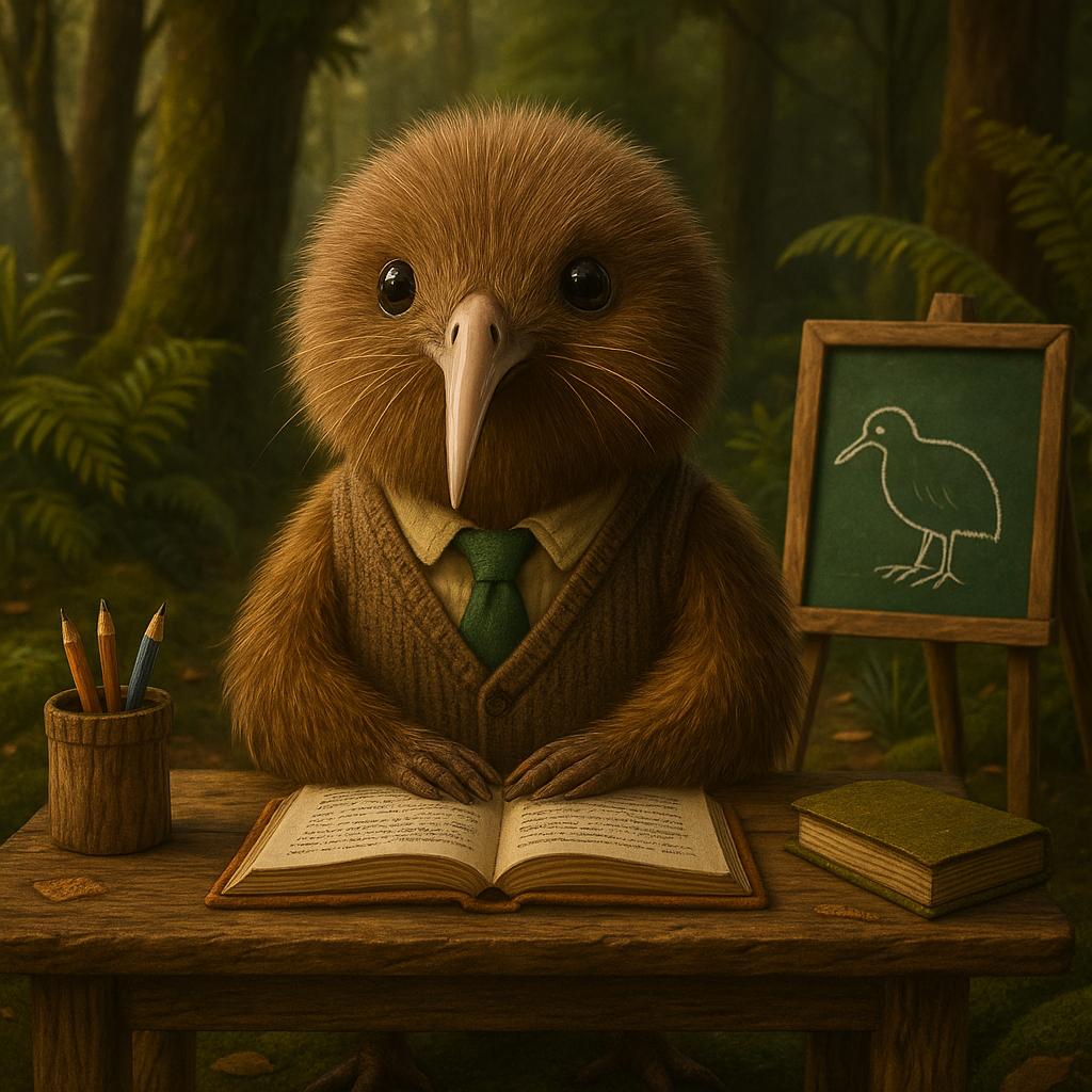 Un kiwi con traje y corbata está sentado en un escritorio en un aula.