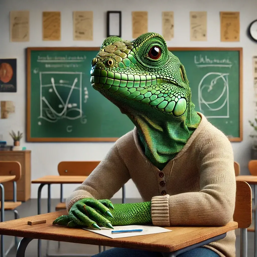 Un lagarto está sentado en un escritorio en un aula.