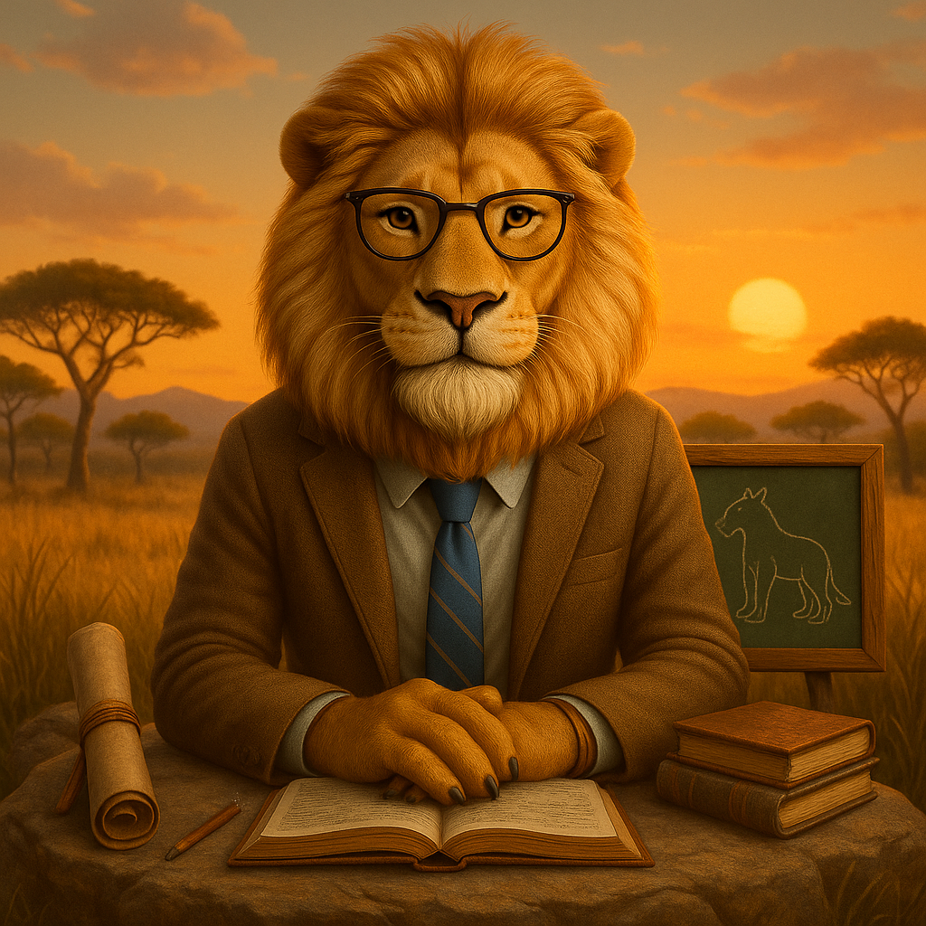 Un león con traje y corbata está sentado en una mesa leyendo un libro.