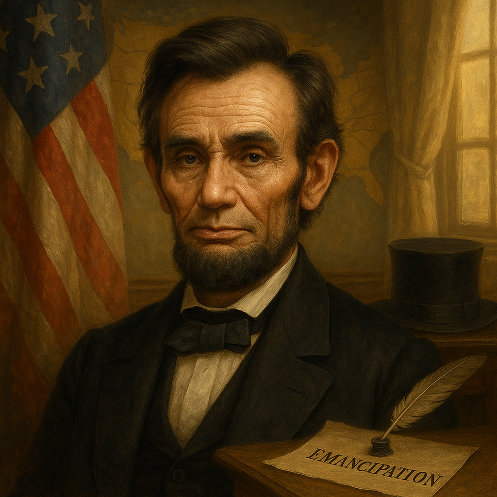 Una pintura de Abraham Lincoln con una bandera estadounidense al fondo.