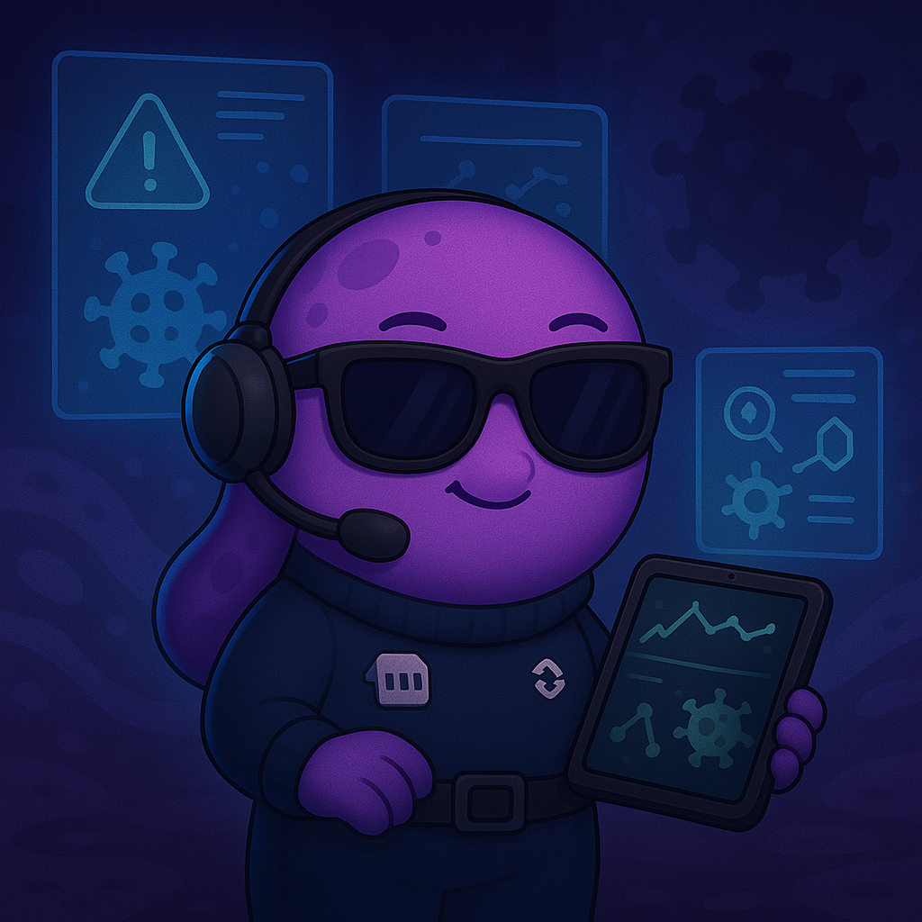 Un personaje de dibujos animados de color morado que usa auriculares y gafas de sol sostiene una tableta.