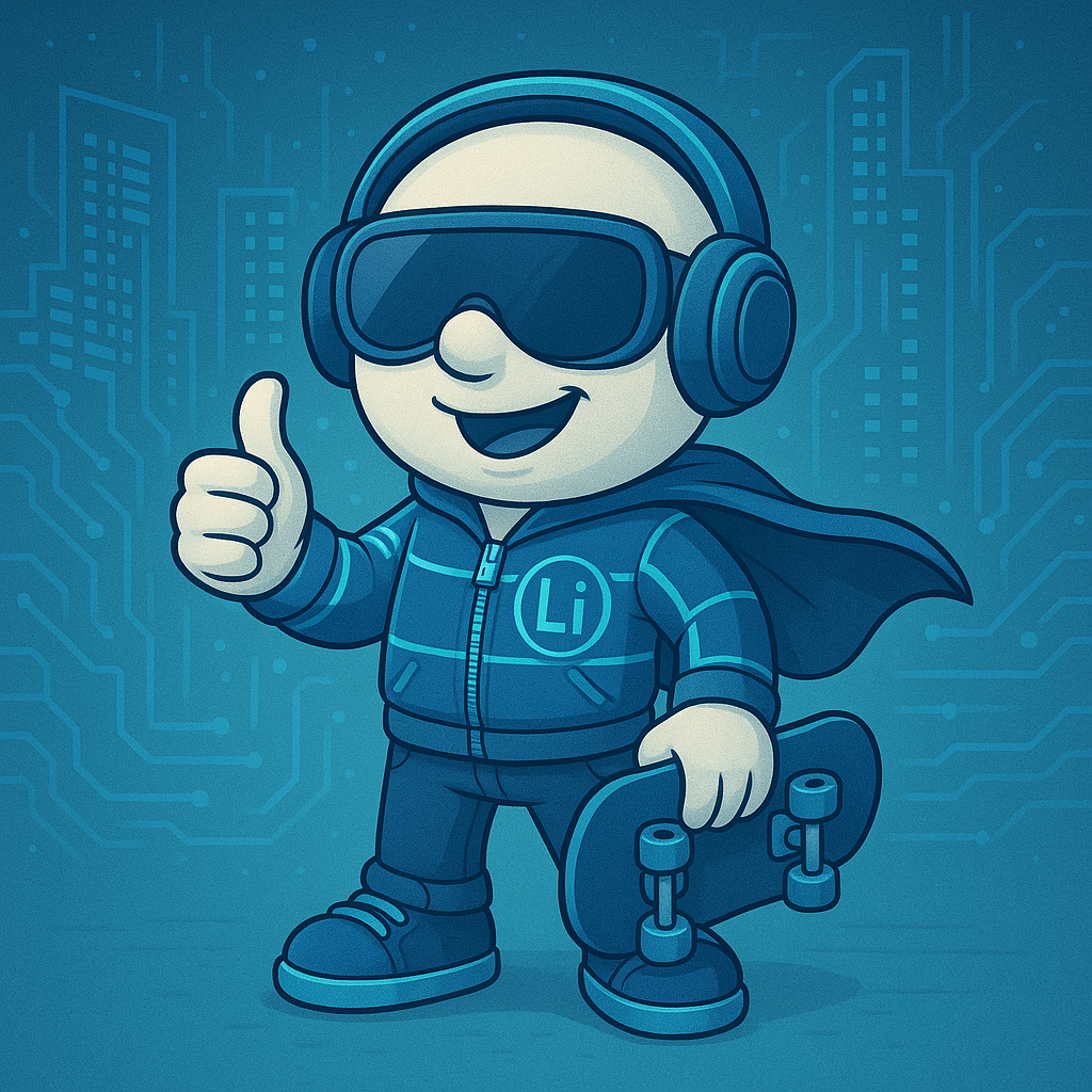 Un personaje de dibujos animados que usa auriculares y gafas sostiene una patineta y levanta el pulgar.