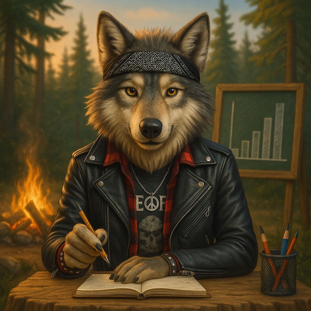 Un lobo está sentado en un escritorio en un aula.