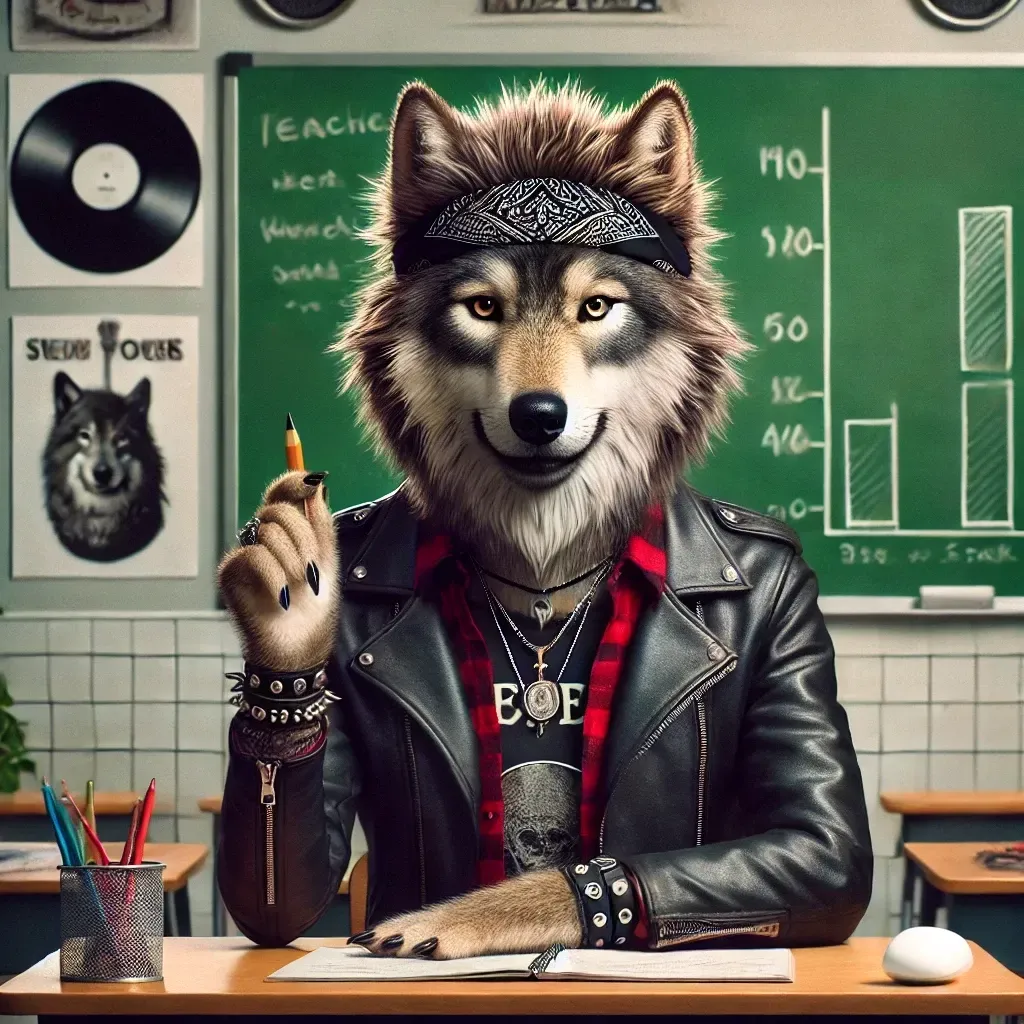 Un lobo está sentado en un escritorio en un aula.
