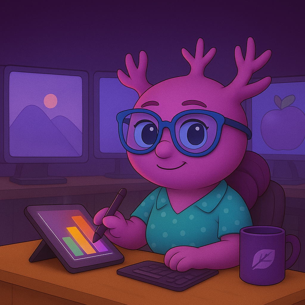 Un personaje de dibujos animados con astas está sentado en un escritorio usando una tableta.