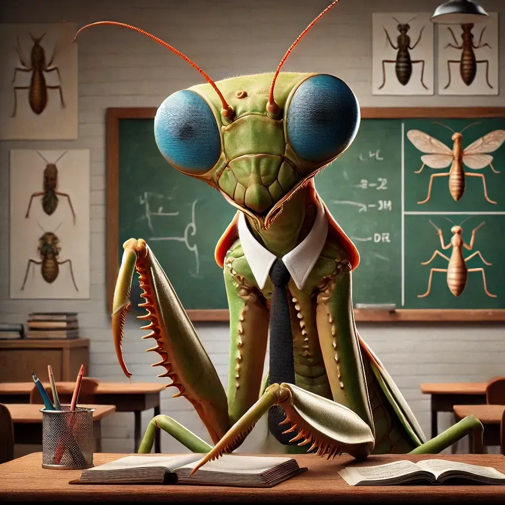Una mantis religiosa con corbata está sentada en un escritorio en un aula.