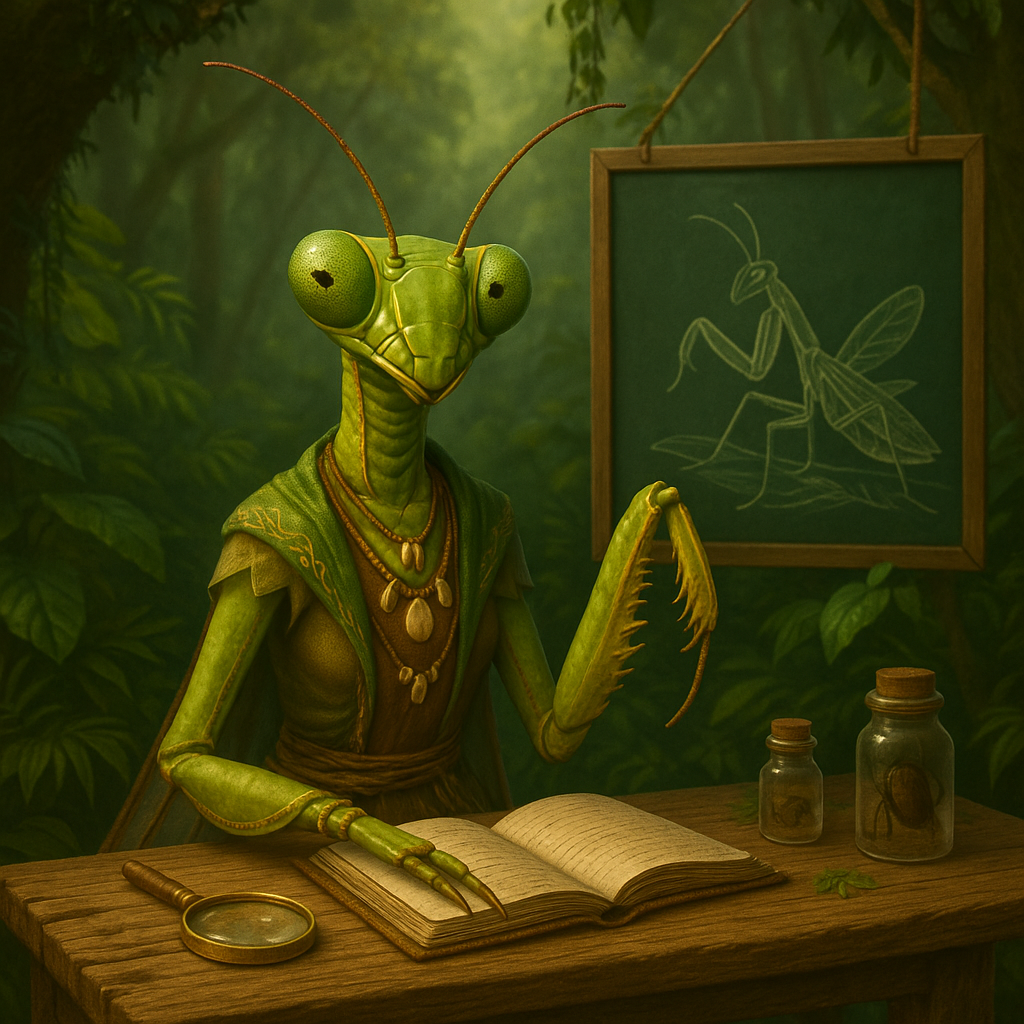 Una mantis religiosa con corbata está sentada en un escritorio en un aula.
