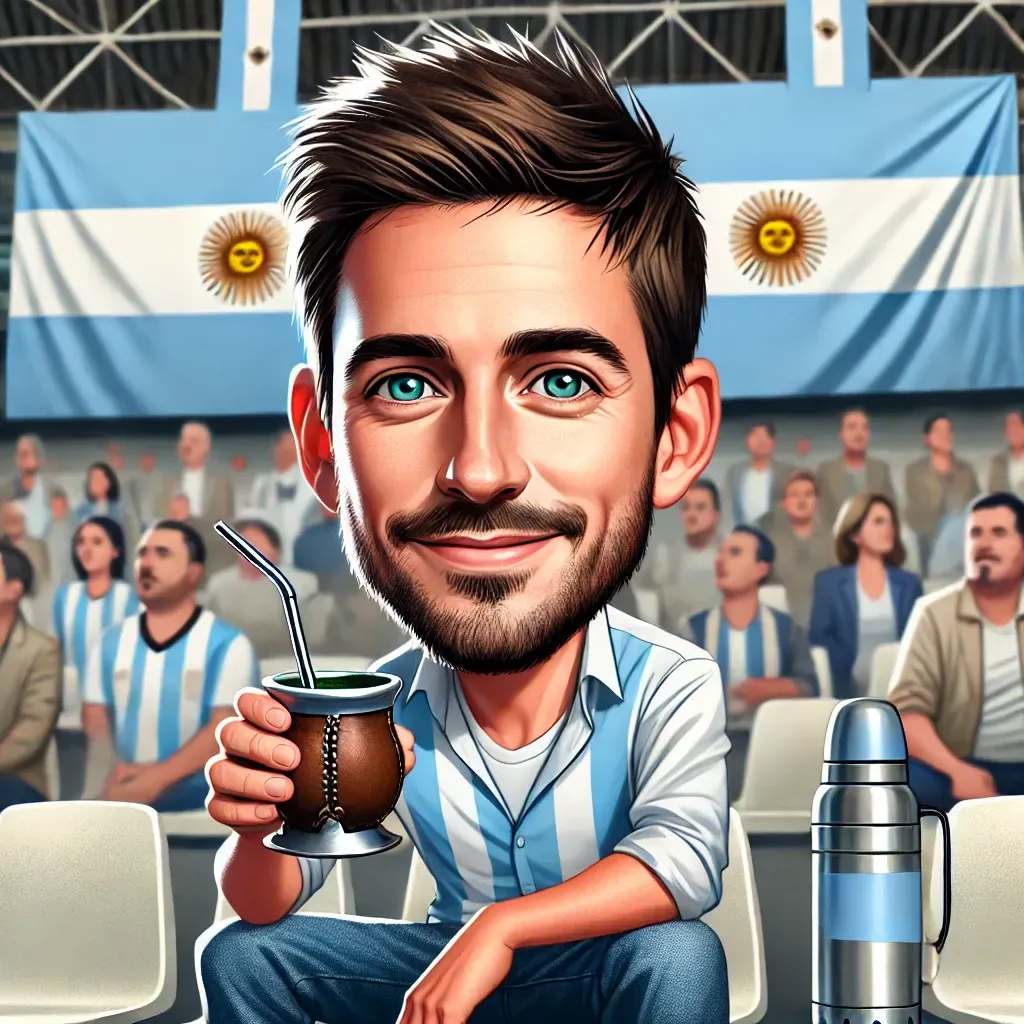 Una caricatura de un hombre sentado en un estadio sosteniendo una taza de yerba mate.
