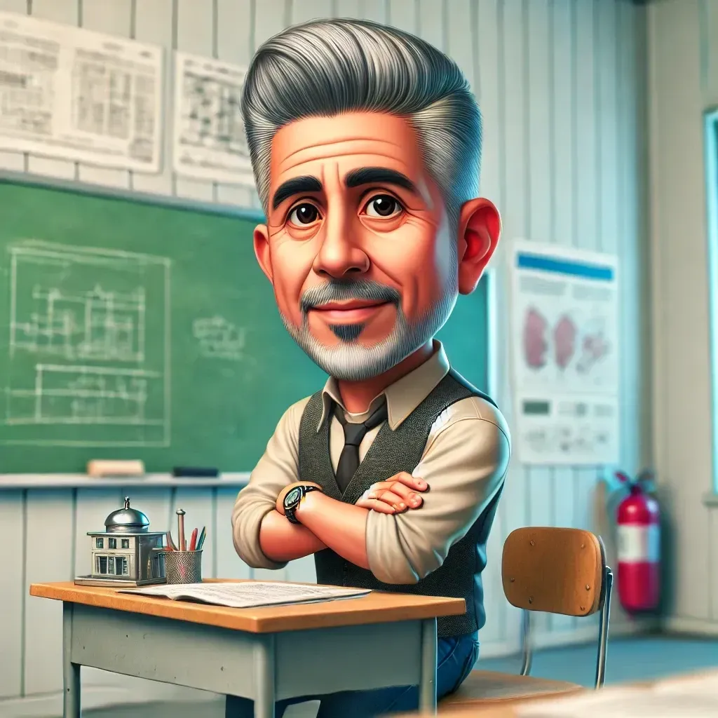 Una caricatura de un hombre sentado en un escritorio en un aula.