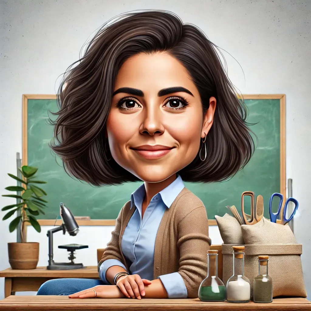 Una caricatura de una mujer sentada en un escritorio frente a una pizarra.