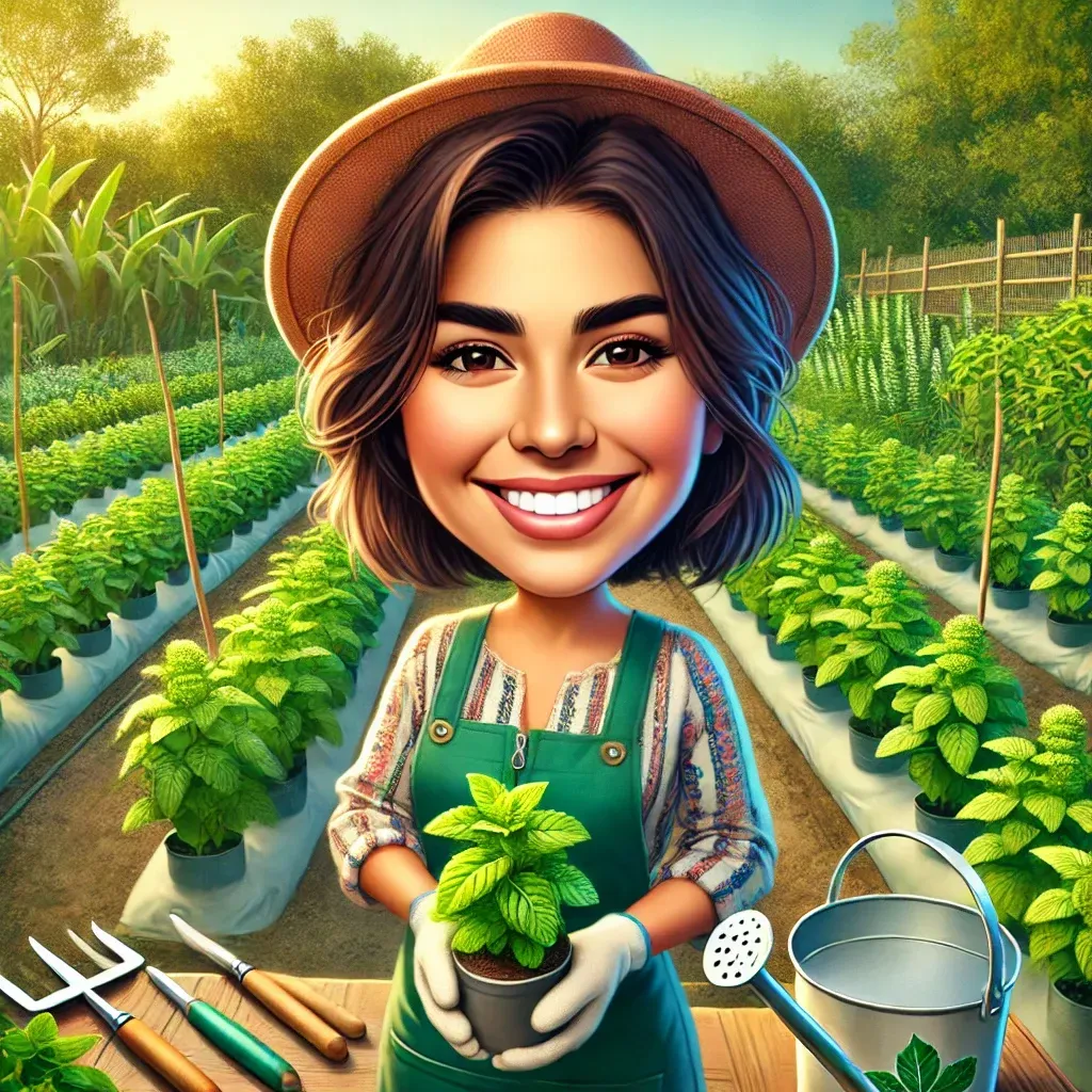 Una mujer sostiene una planta en maceta en un jardín.