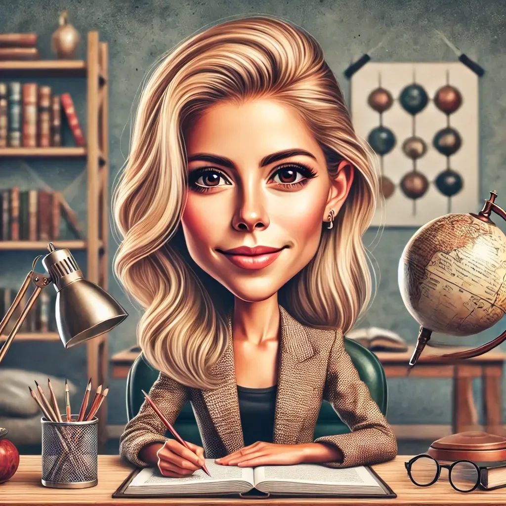 Una caricatura de una mujer está sentada en un escritorio