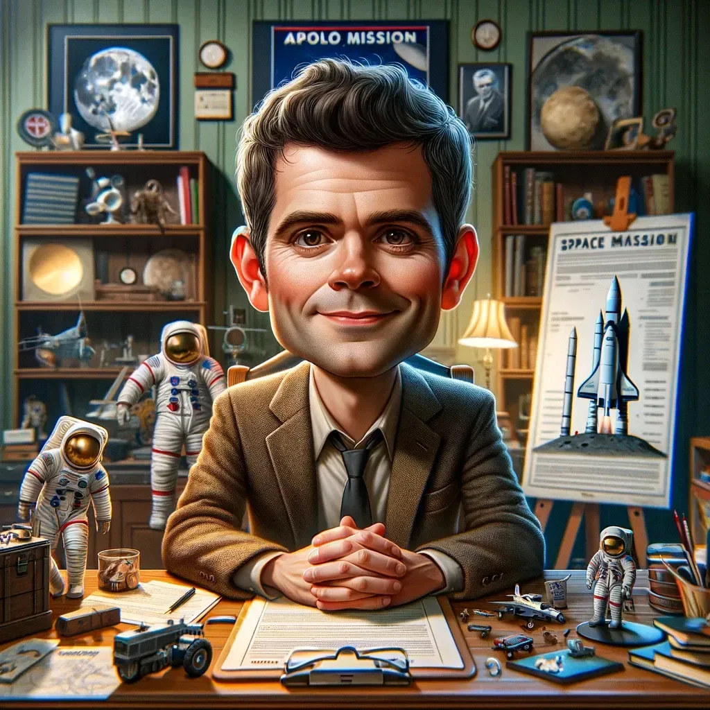 Una caricatura de un hombre sentado en un escritorio con un cartel de una misión espacial al fondo