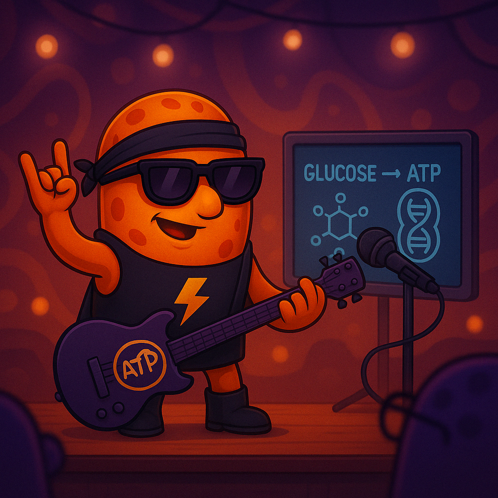 Un personaje de dibujos animados está tocando una guitarra y cantando en un micrófono.
