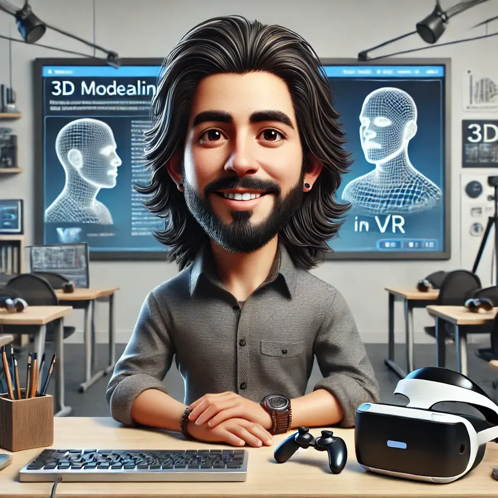Un hombre con barba está sentado en un escritorio con un teclado y un casco de realidad virtual.