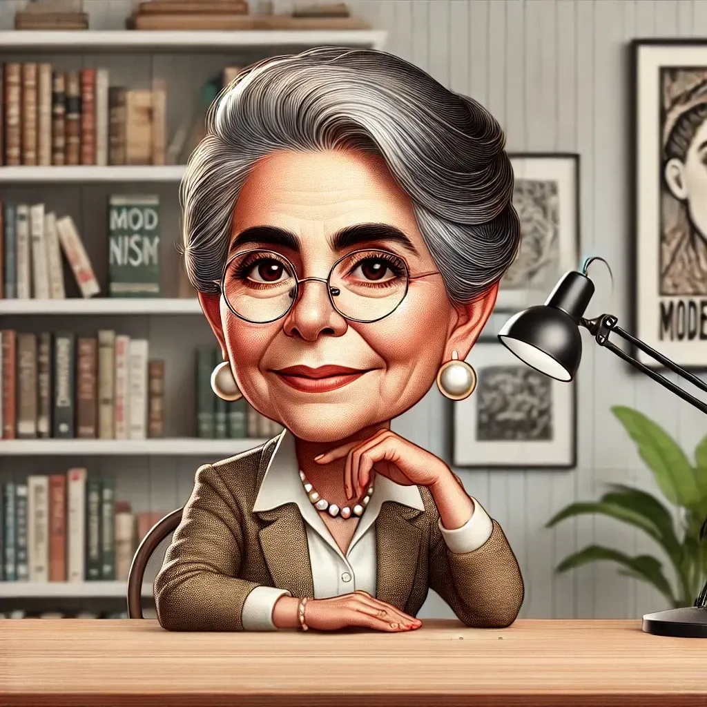 Una caricatura de una mujer mayor sentada en un escritorio con una lámpara.