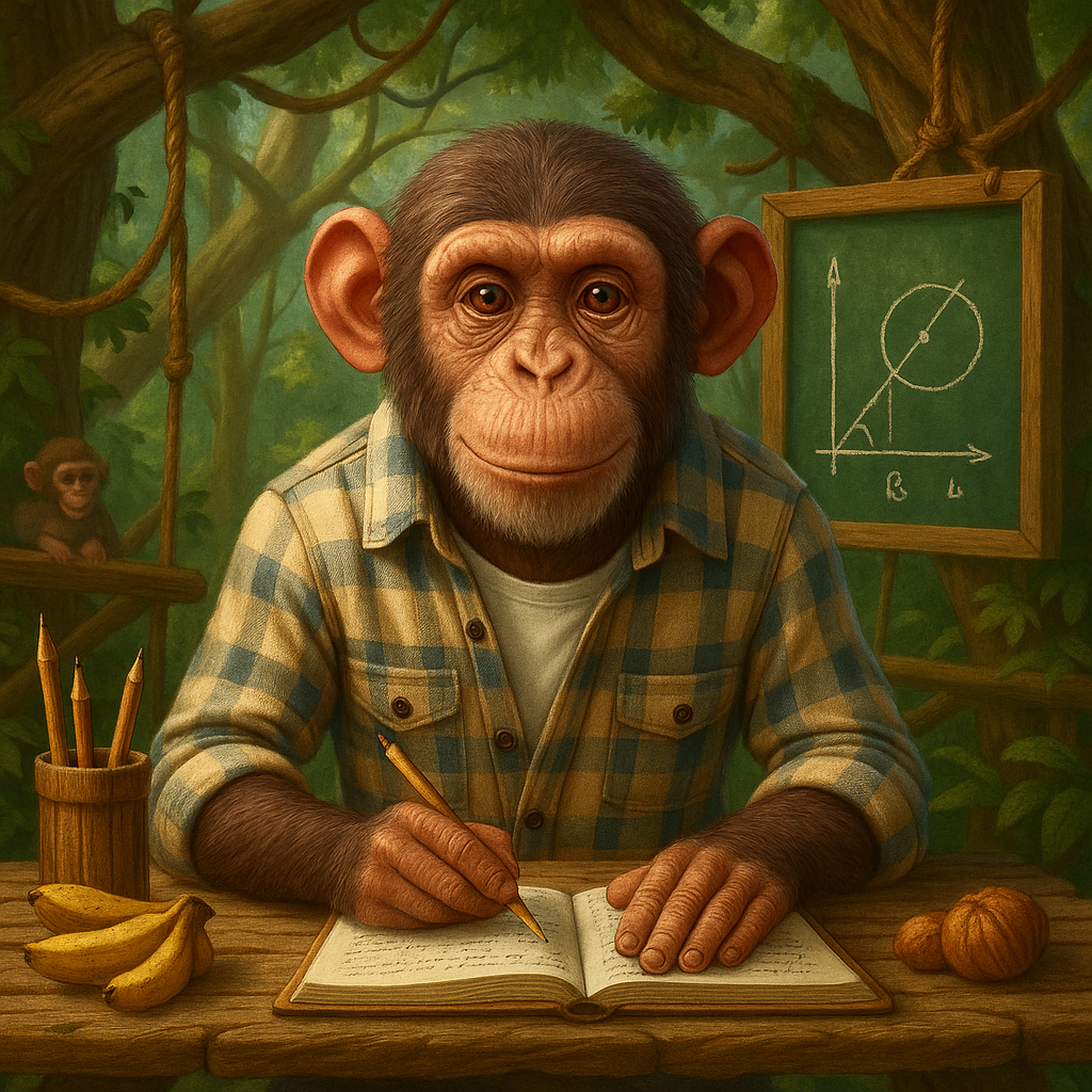 Un chimpancé está sentado en un escritorio en un aula.