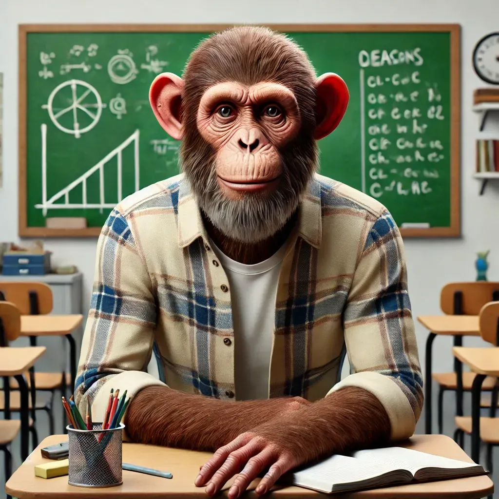 Un chimpancé está sentado en un escritorio en un aula.