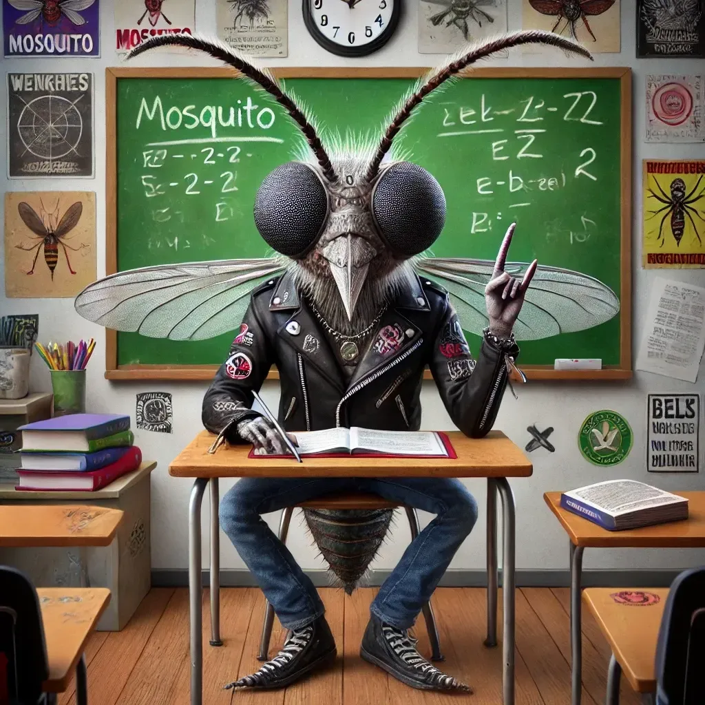 Un mosquito está sentado en un escritorio en un aula.