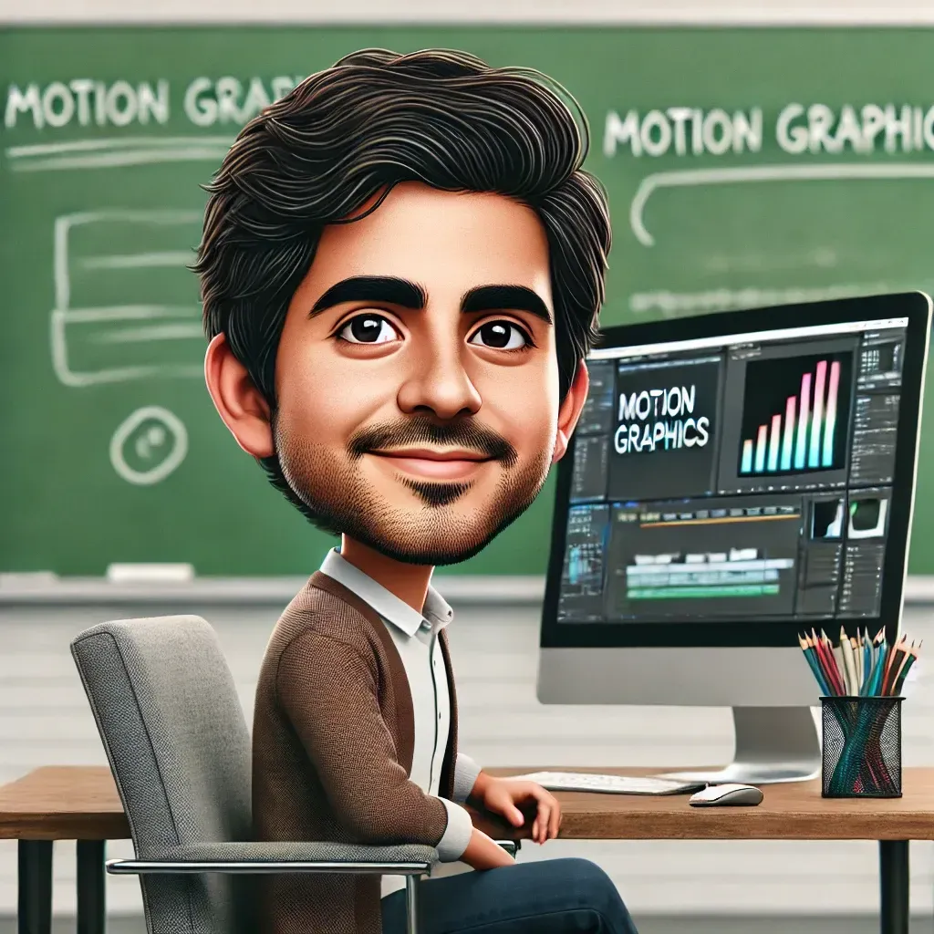 Una caricatura de un hombre sentado frente a una computadora con las palabras gráficos en movimiento en la pantalla.