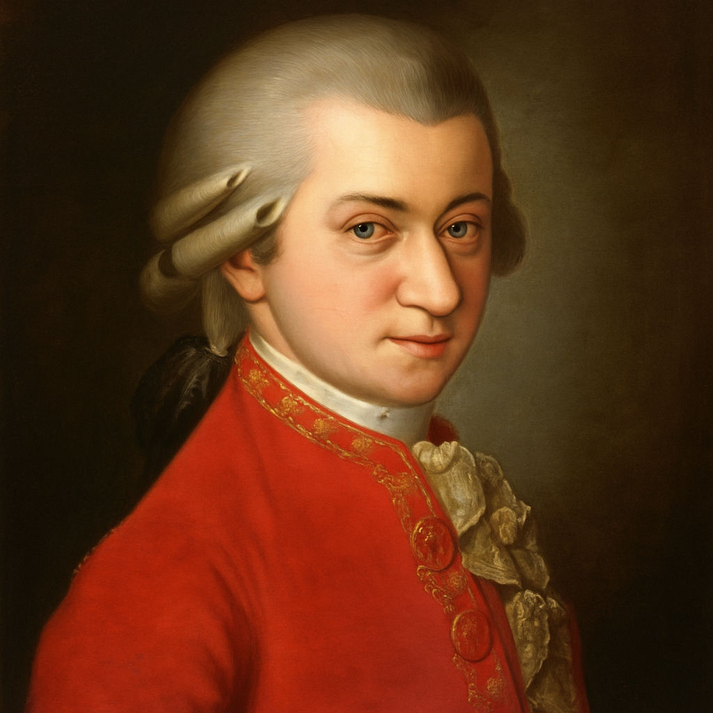 Un retrato de Mozart con un abrigo rojo.