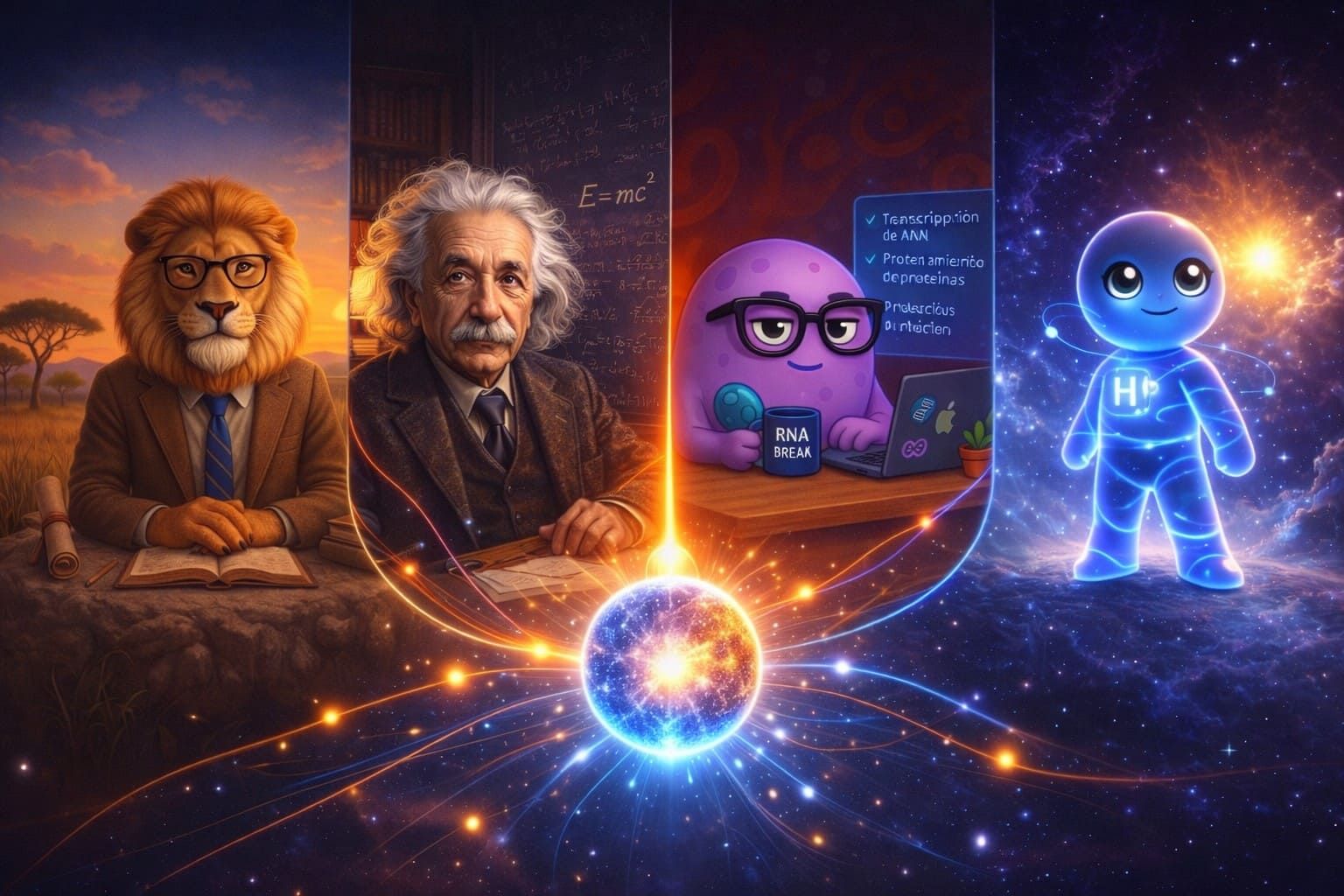 A collage of a lion in a suit, Albert Einstein, a purple cartoon character, and a glowing figure, centered by a bright orb.