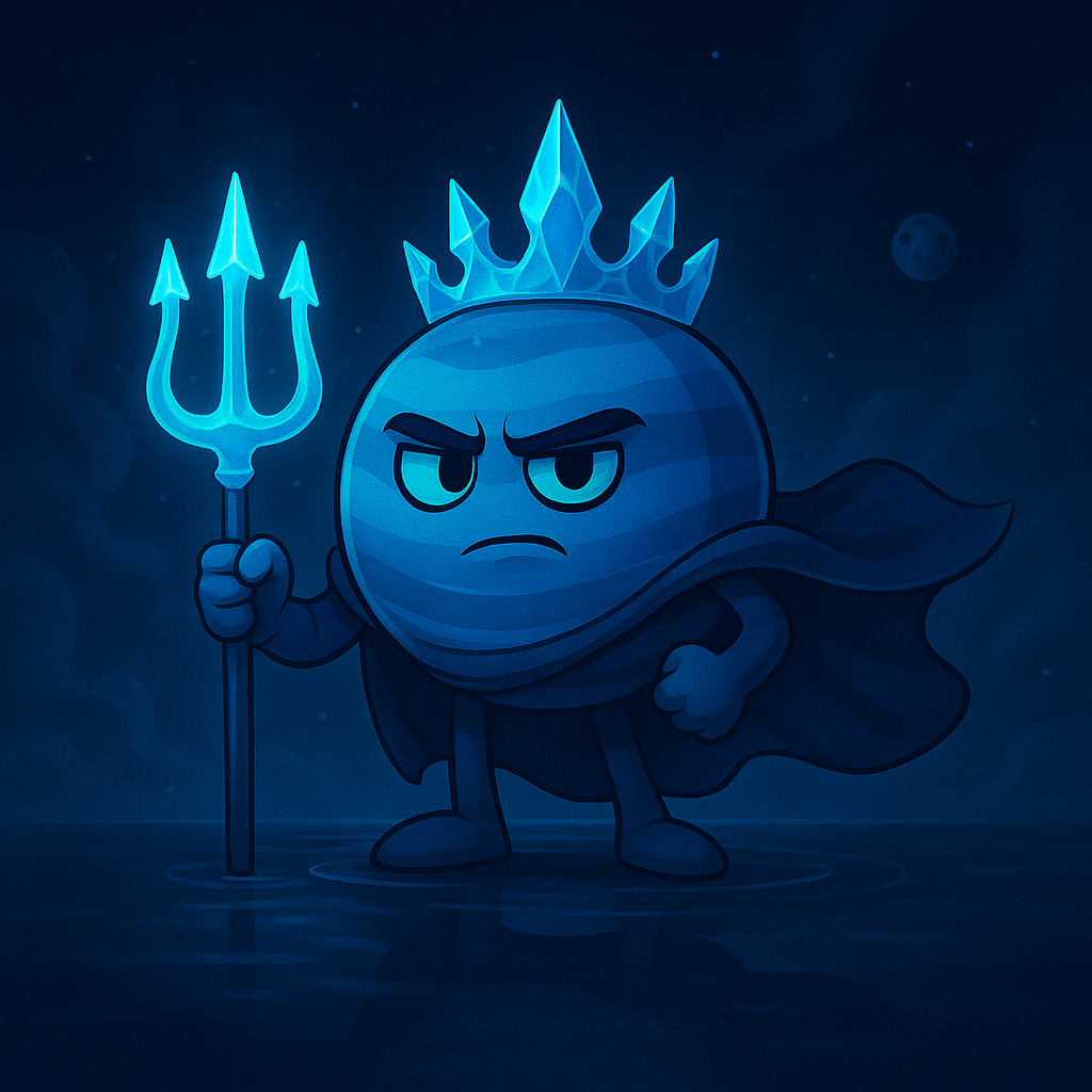Una ilustración en pixel art de un planeta con una corona y un tridente.