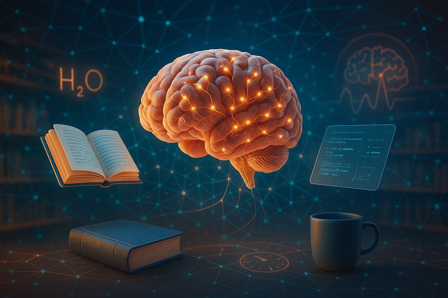 Un cerebro brillante flota sobre libros, una taza de café e interfaces digitales, sobre un fondo oscuro con temática tecnológica.