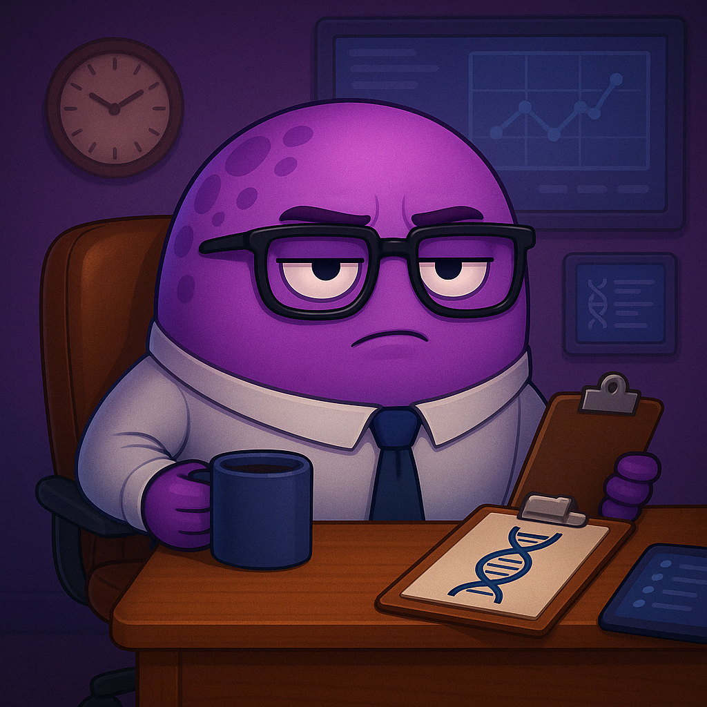 Un monstruo morado está sentado en un escritorio sosteniendo un portapapeles y una taza de café.