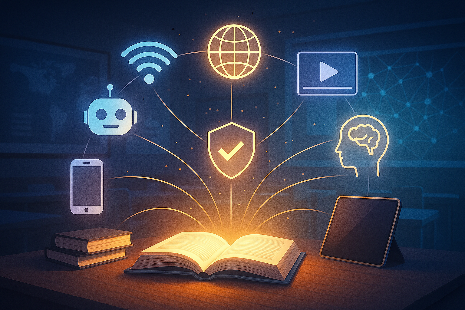 An open book with glowing icons coming out of it.